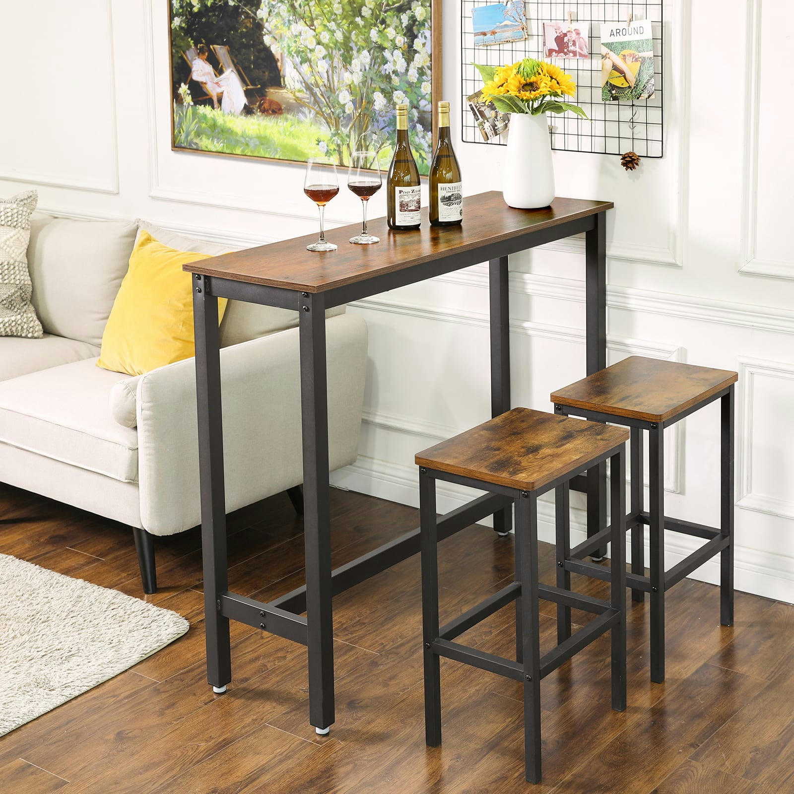 - Table de bar cuisine effet bois marron rustique et noir
