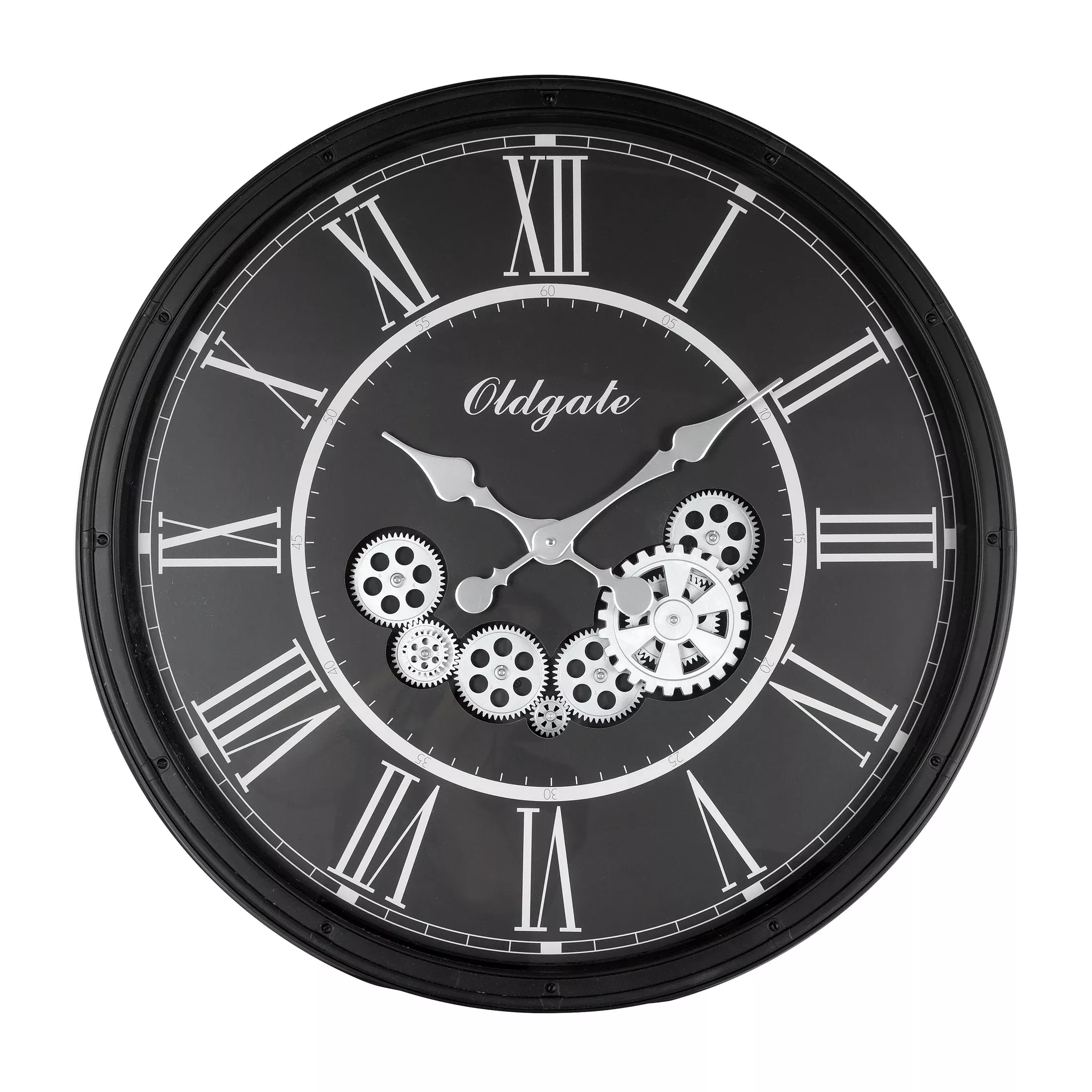 Zegar ścienny biało-czarny w stylu retro z ruchomymi kołami zębatymi średnica 72x8 cm