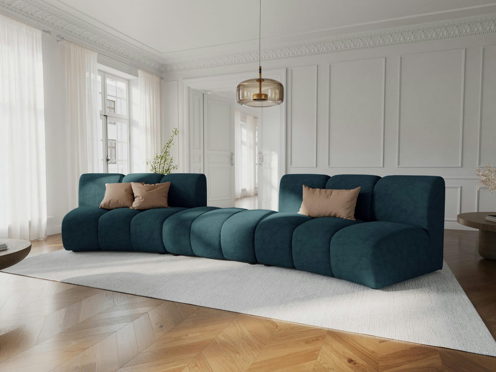 LUPINE - Canapé arrondi 5 places en tissu chenille turquoise