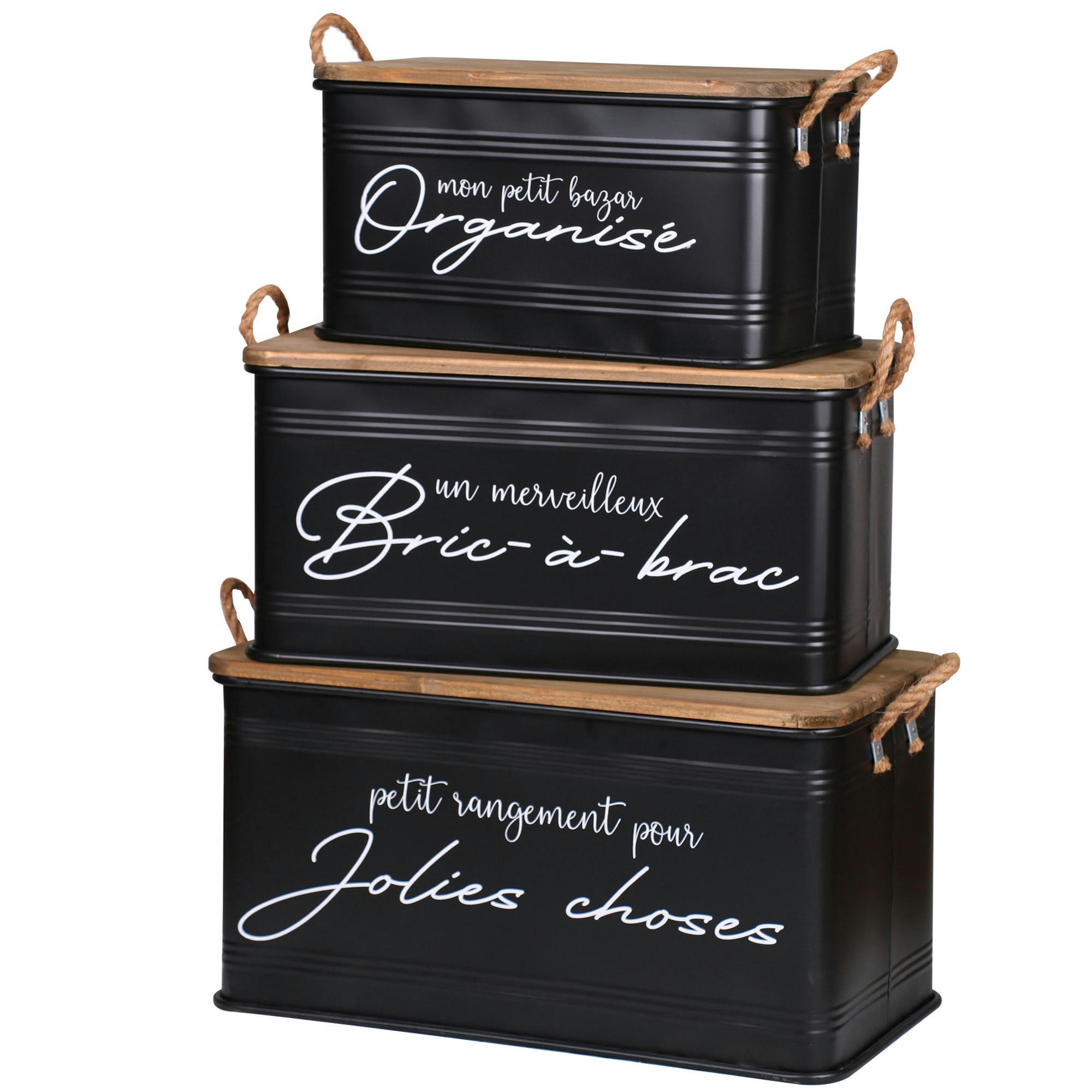 - Set de 3 malles en métal et bois 68x35x35cm