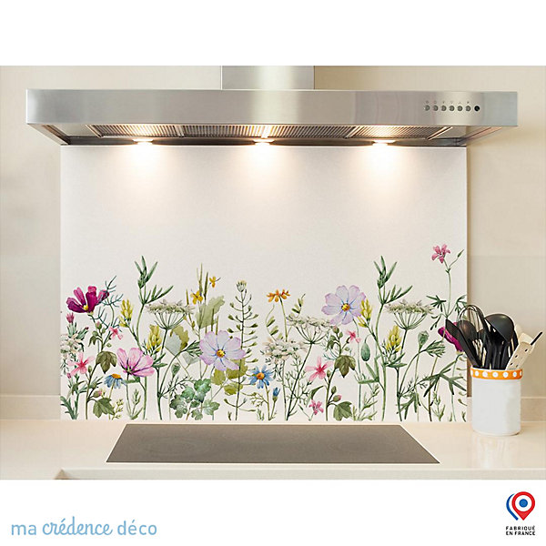 Crédence cuisine fond de hotte Dessin fleurs et aquarelle 2 - Verre trempé - L 90 cm x H 70 cm - MaCrédenceDéco