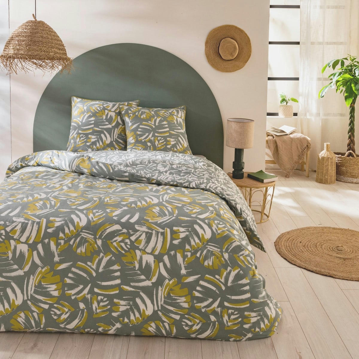 NAOMI - Parure de lit 2 personnes coton  imprimé vert 240x220cm