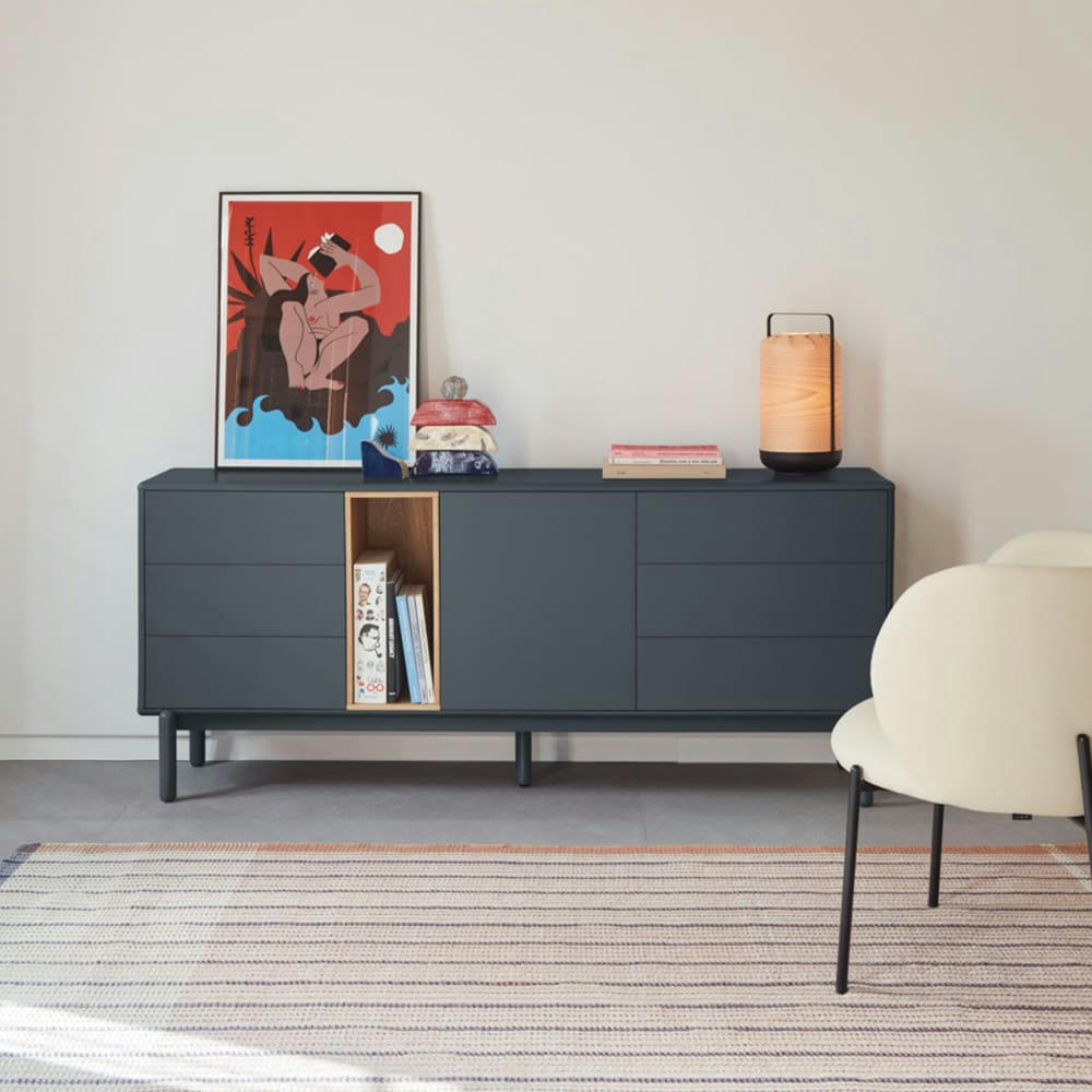 CORVO - Buffet 1 porte 6 tiroirs en bois L180cm gris anthracite