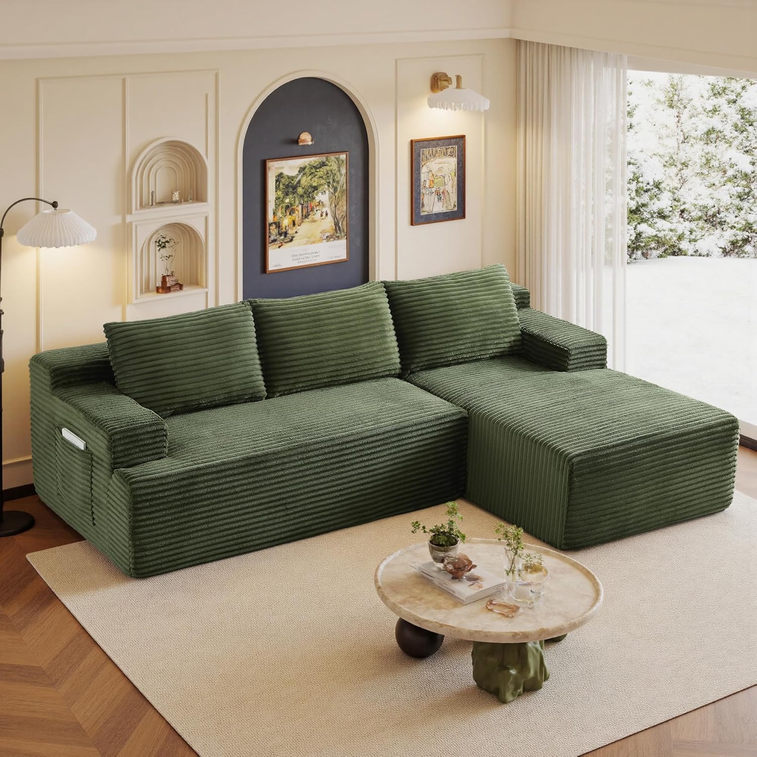 96 Sectional Couches for Living Room Cloud Couch Sofa with L-Shape Upholstered Boneless Couchs Modern Modular Sectional Couch with Chaise (Green, 96 W+Right Facing Chaise+2Seaters)