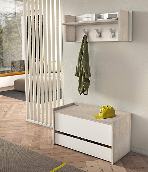 Meuble d'entrée Dap, Entrée moderne avec portemanteau, Meuble avec Etagere à chaussures, 50x32h182 cm, Chêne et Blanc