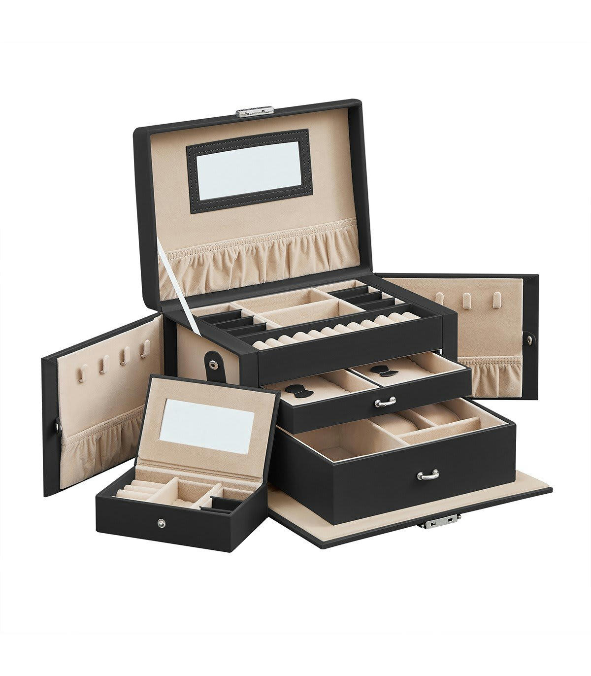 - Boîte à bijoux 2 tiroirs, 1 compartiment et 2 rabats avec rangements