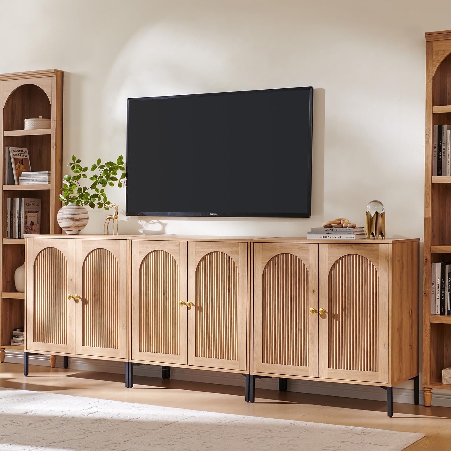 Modern TV Stands for 80 inch tvs, 92.63 W Wood Entertainment Center w/Adjustable Shelves, Mid Century Modern TV Stand w/Arched Fluted Doors, Media Console Cabinet for Living Room, Natural