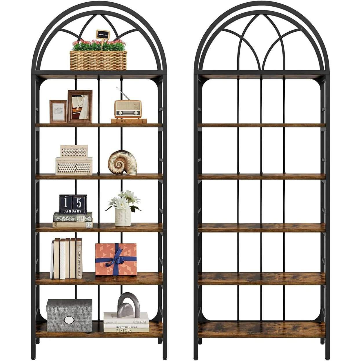 6-Tier Arched Bookshelves, 78.7 Industrial Metal Open Tall Bookcase and Bookshelves