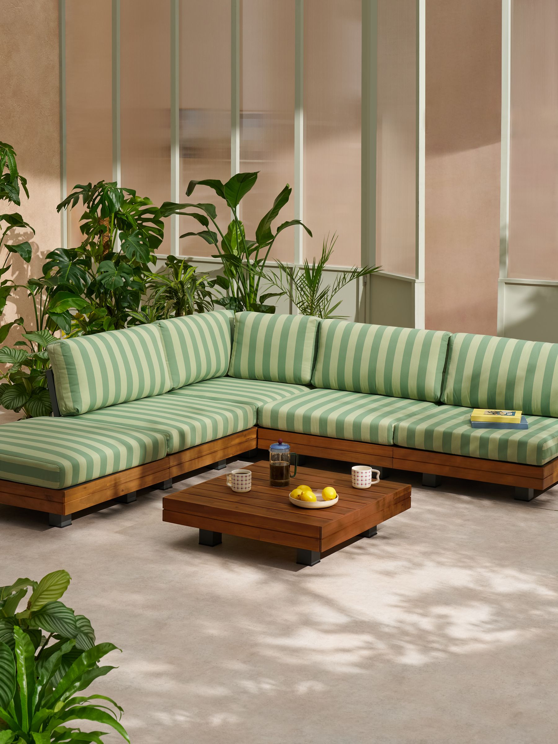 Avarna Garden Wood Corner Lounge Set in Green Stripe