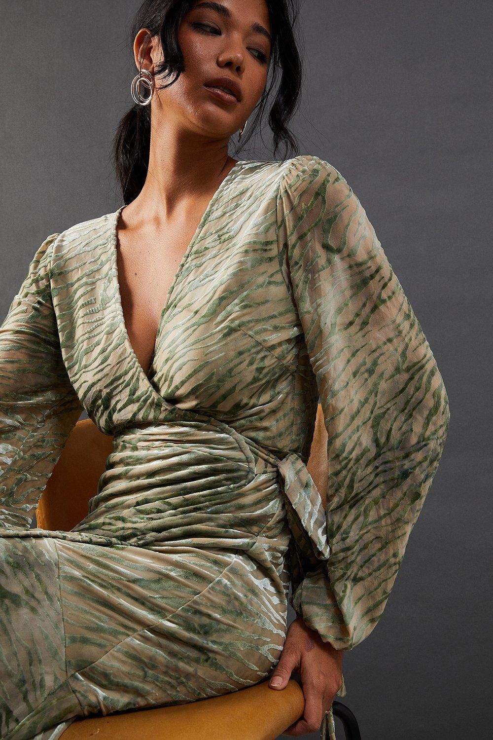 Warehouse Zebra Velvet Wrap Asymmetric Tier Midi Dress