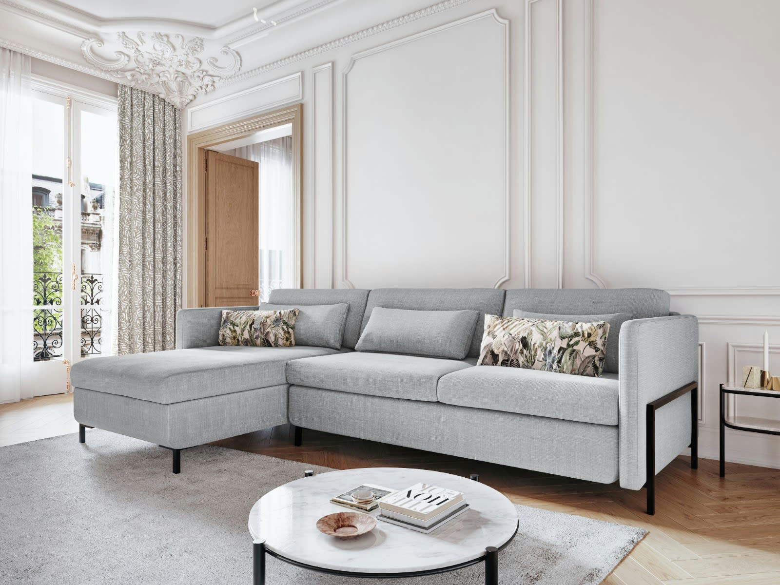 YANIS - Canapé D'Angle Gauche Conv. Coffre 4 places Tissu Struct. Gris Clair