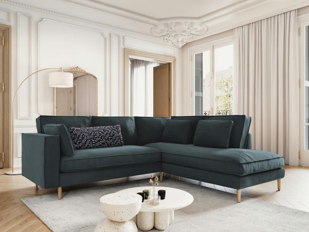 ALEXIS - Canapé d'angle 5 places en tissu structuré bleu