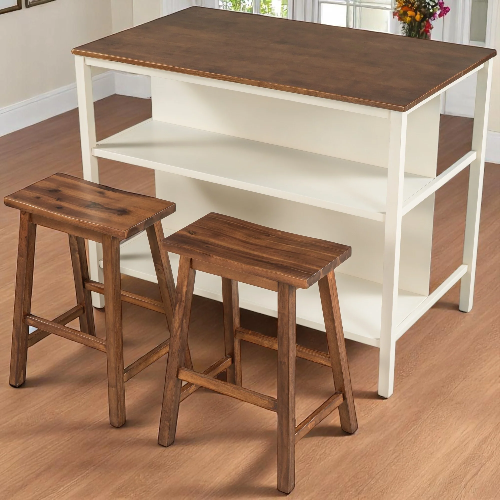 3-Piece Solid Wood 45 Table Set with 2 Stools, Counter Height Dining Set with Open Storage Shelves for Dining Room or Kitchen