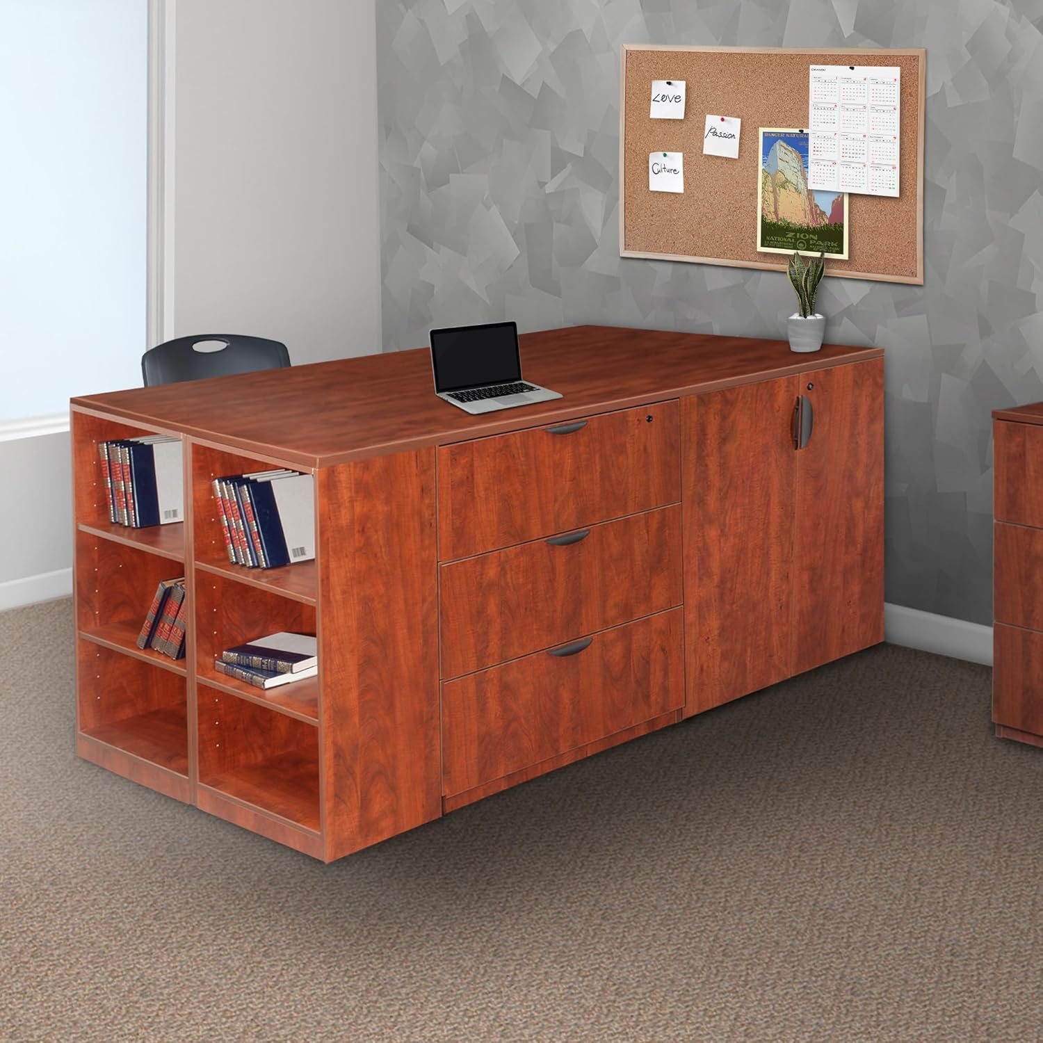 Regency Legacy Stand Up 2 Lateral File/Storage Cabinet/Desk Quad with Bookcase End- Cherry