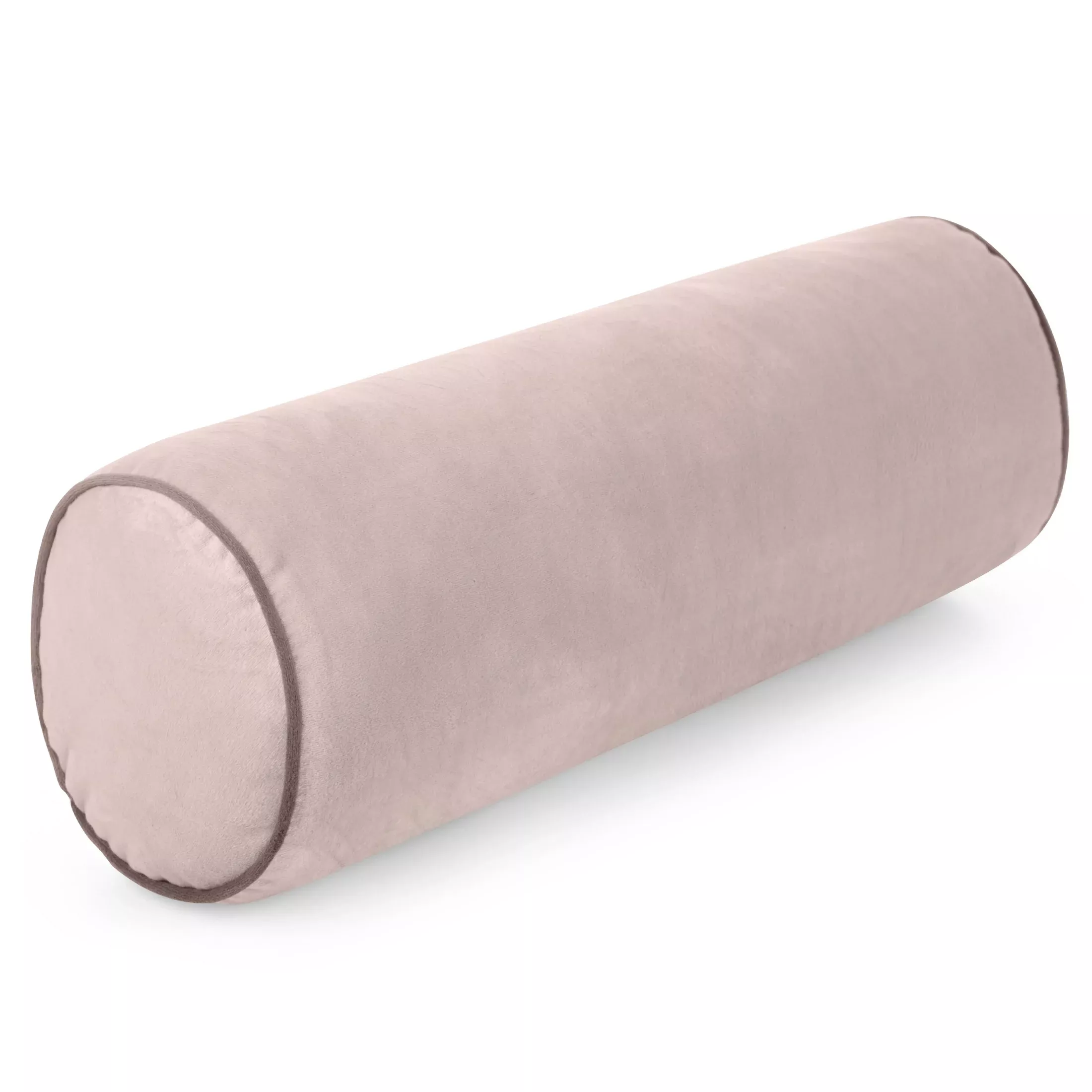 Poduszka dekoracyjna wałek 15 x 45 cm welwetowa pudrowa zdobiony kontrastującą lamówką GAJA