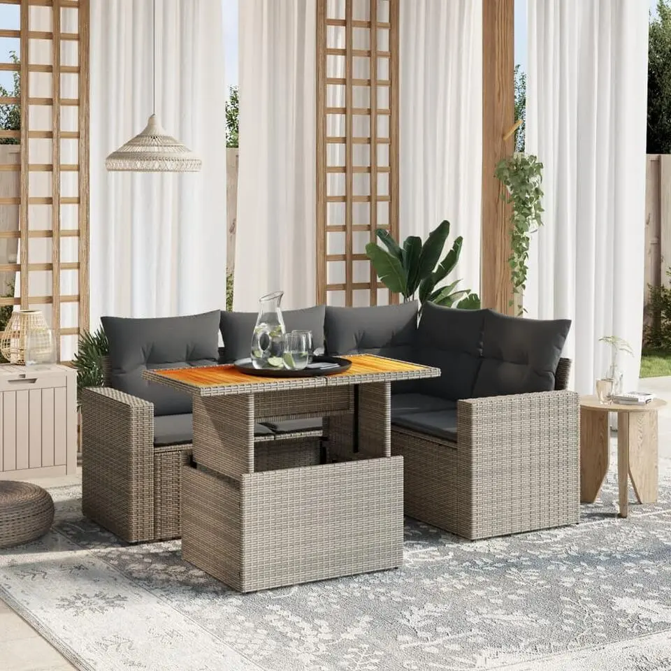 vidaXL - Loungeset - Grijs - Poly rattan - 5 stuks - Met kussens