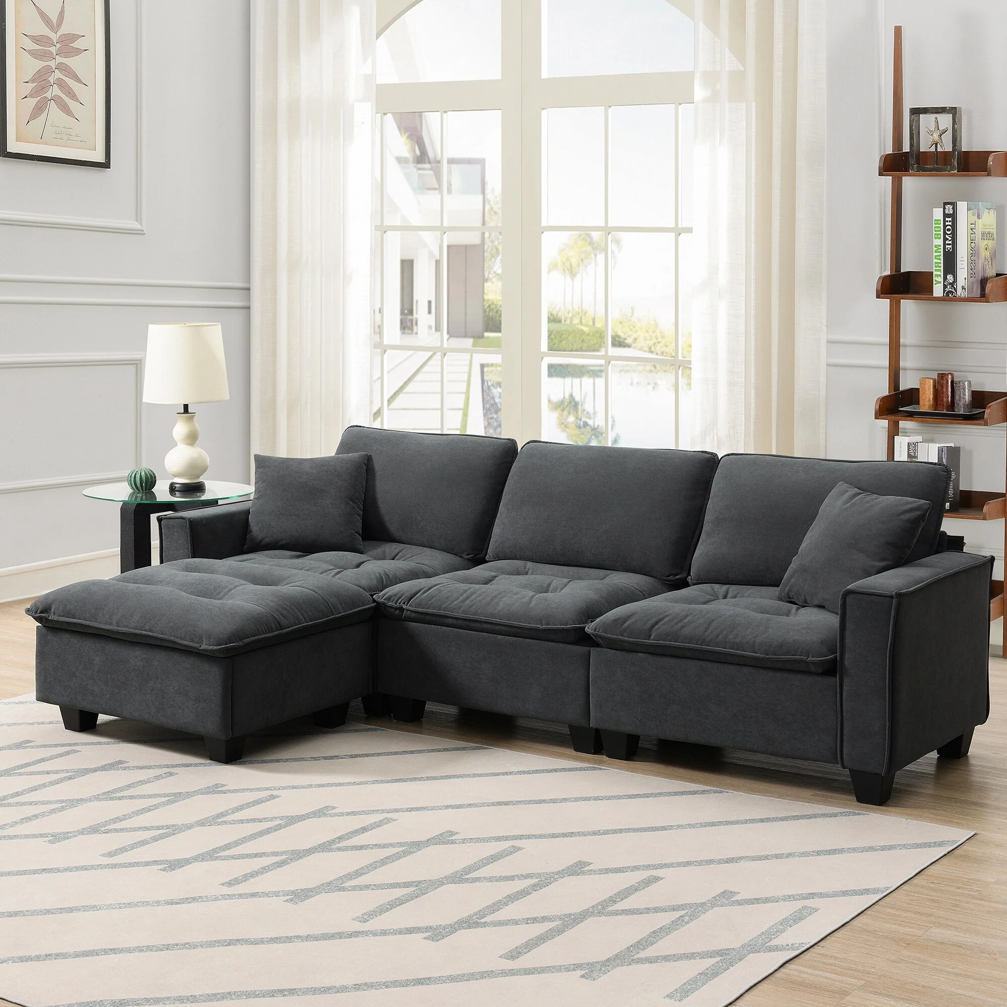 Contemporary L Shaped Sectional Sofa with Tufted Suede Velvet and Removable Ottoman forLiving Room or Guest Room