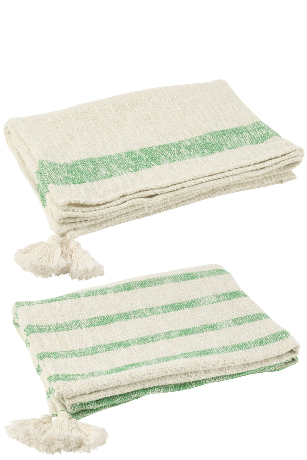 J-Line plaid Strepen   Kwasten - katoen - wit/groen - 2 stuks