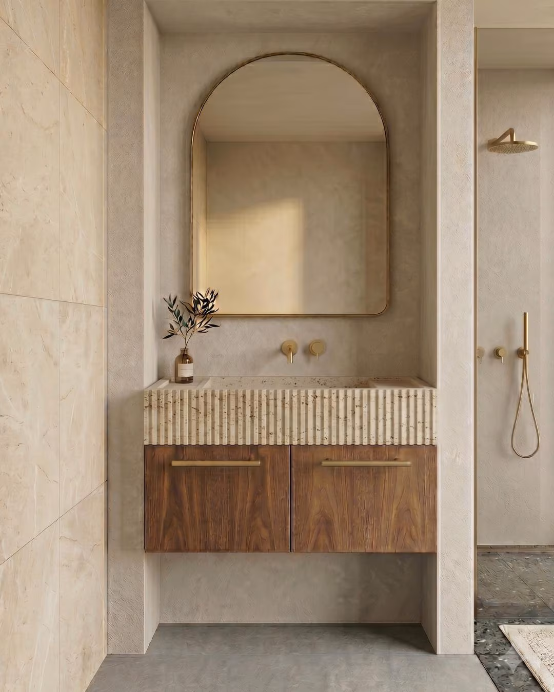 Travertine Floating Vanity, Fluted Sink, Wood Cabinet, Wall Mounted Bathroom Furniture