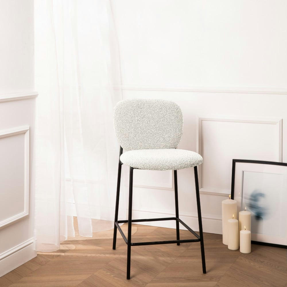 DALBY - Lot de 2 tabourets de bar en tissu bouclette et métal 65cm ecru