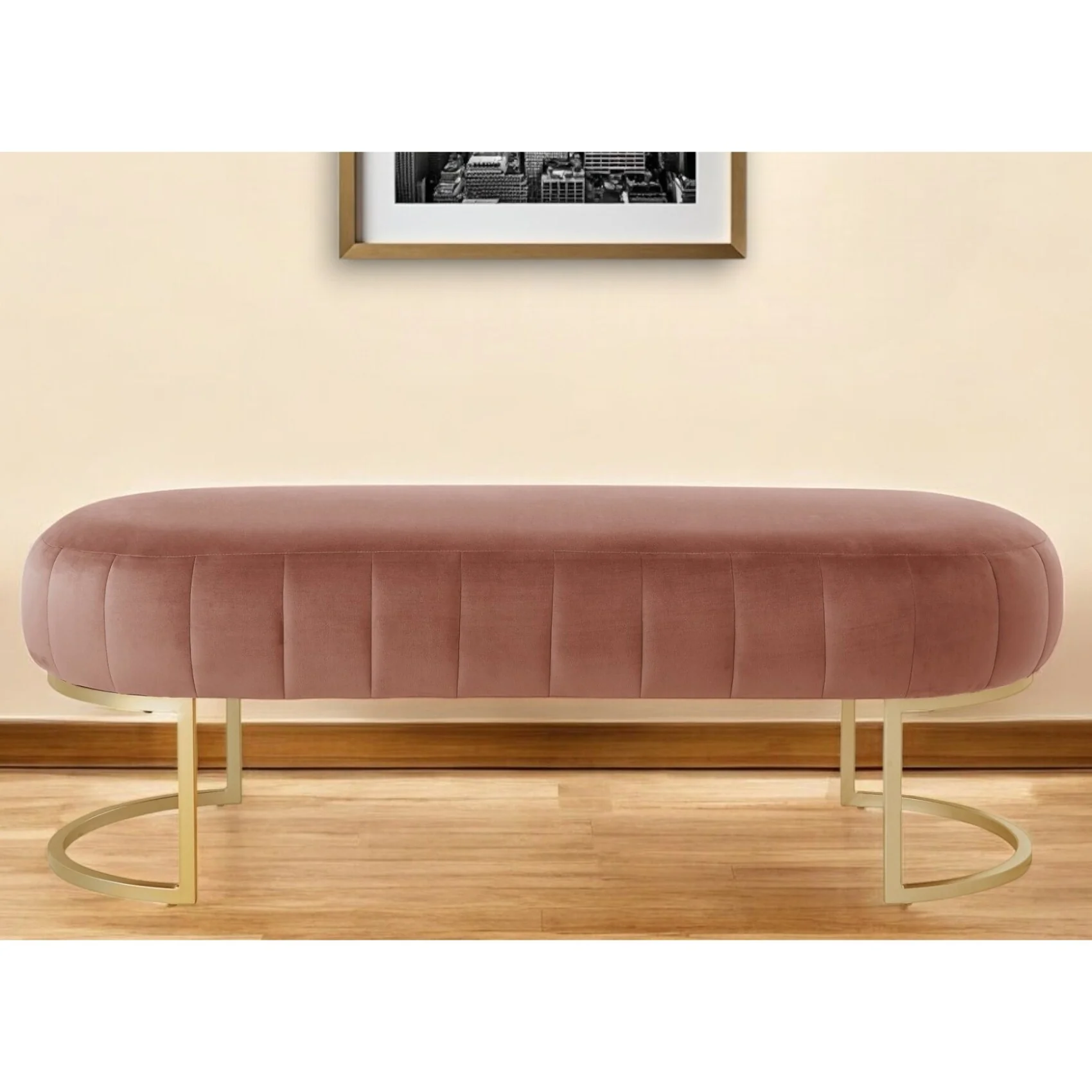 Blush Velvet Upholstered Bedroom Bench Gold Metal Legs Tufted Seat - 22” D x 53” W x 18” H