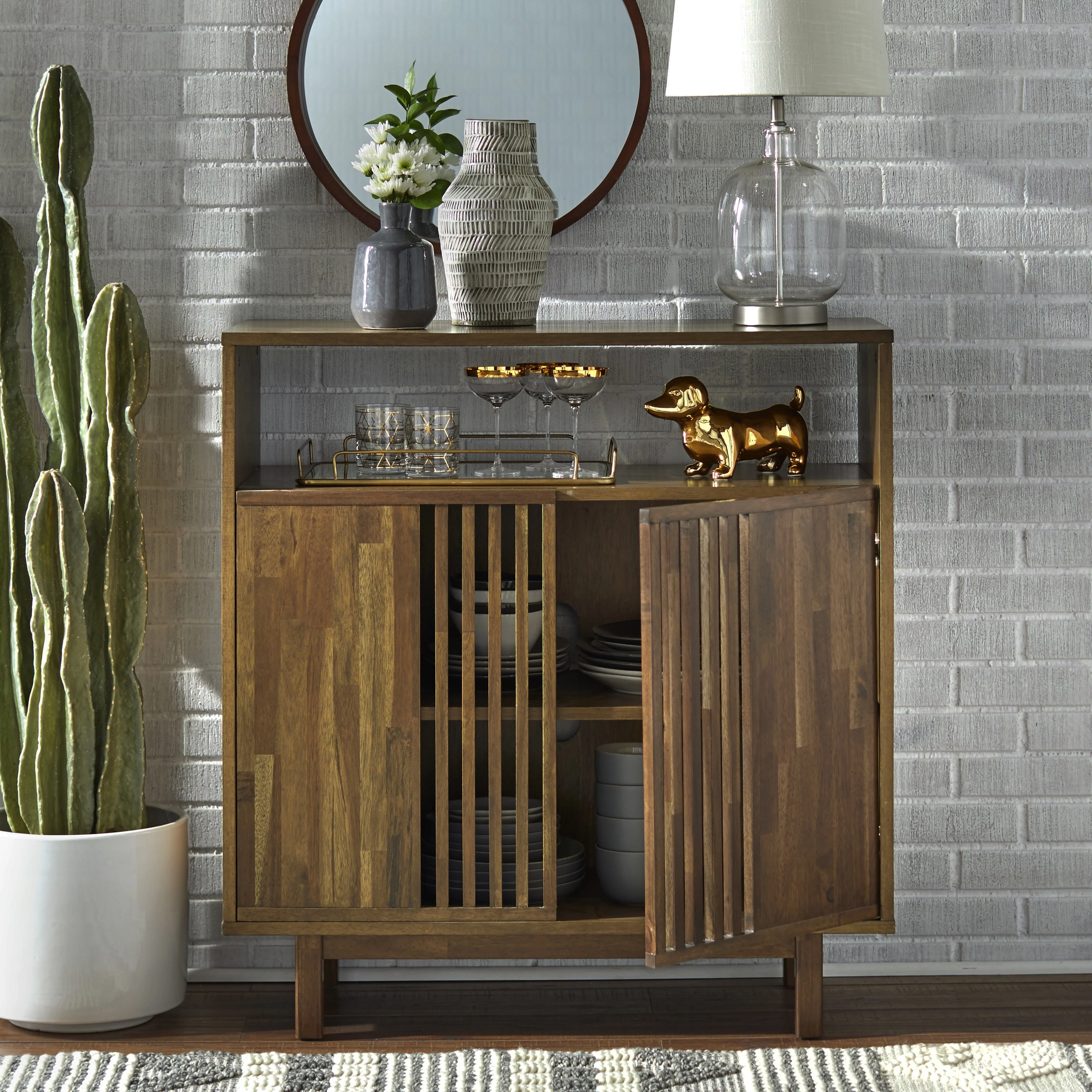 Lifestorey Vohl Slatted Pecan Finished Mid-century Sideboard