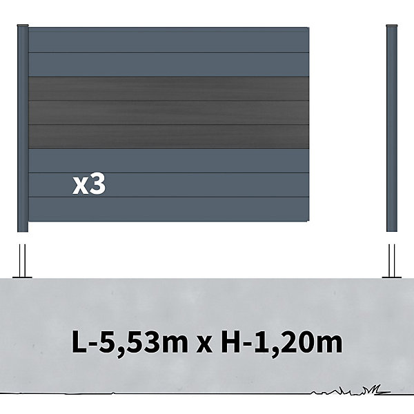 Kit Clôture Aluminium BAHIA &CRUZ Ardoise 5,5x1,2m - Bois Composite &Aluminium - Poteaux Gris - Brise Vue - Palissade