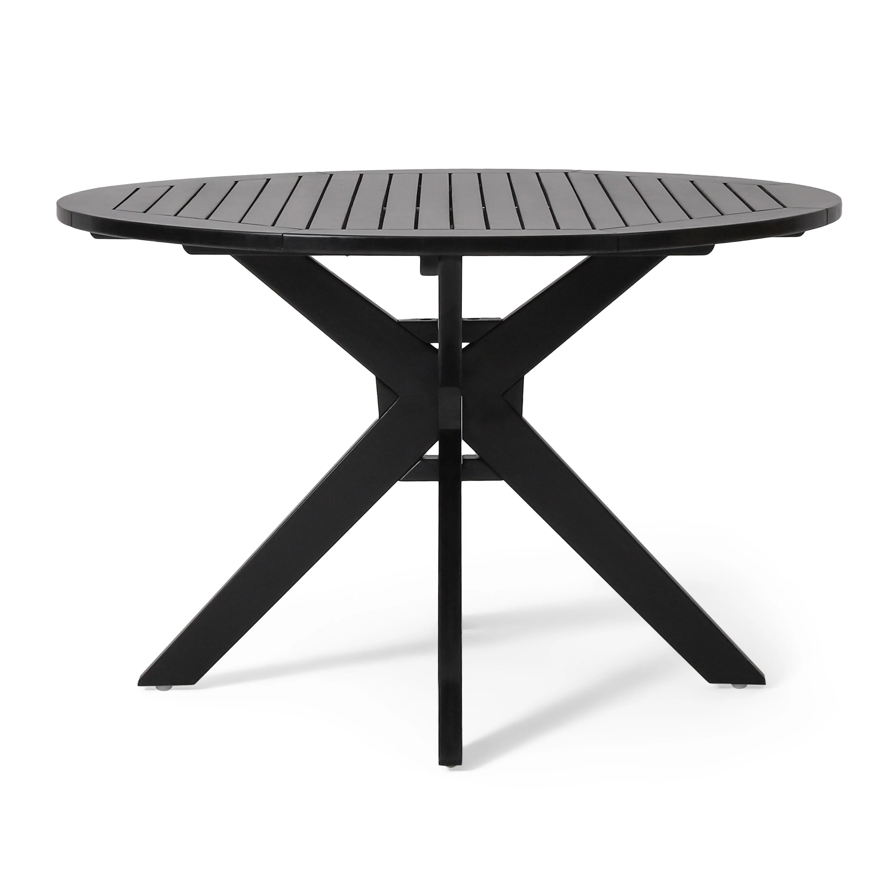 Sania Dining Table, 47 Inch Round Black Acacia Wood, Cross Base Design