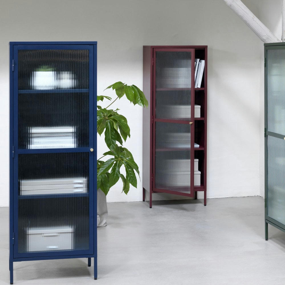 BJORN - Colonne de rangement 1 porte en verre strié et métal H160cm vert foncé