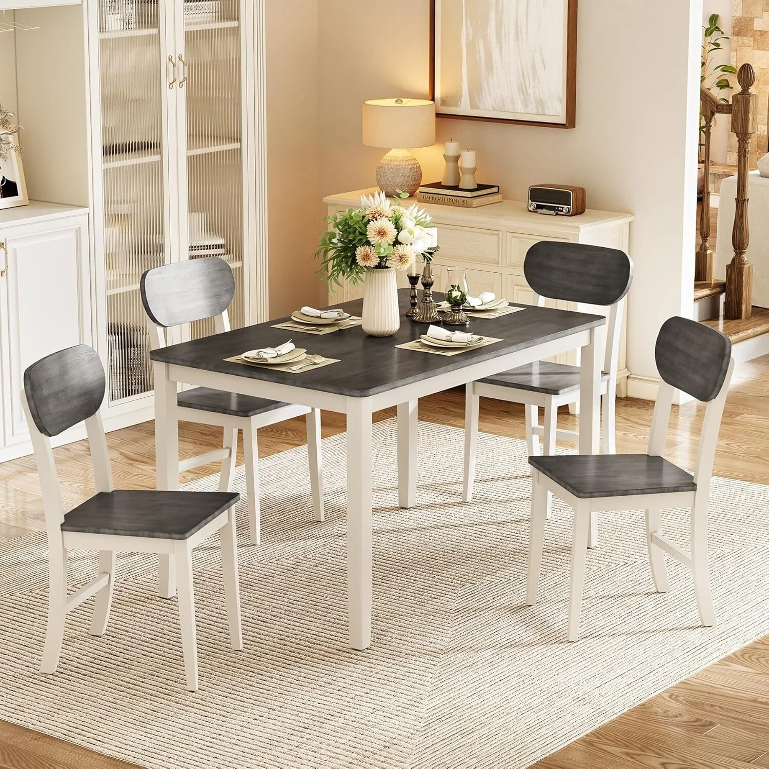 Dining Table Set for 4, 5 Pieces Kitchen Table Set with Solid Wood Legs