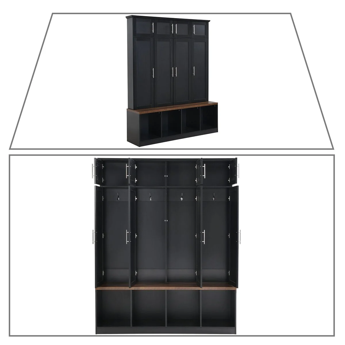 Stylish Wooden Tall Hall Tree with 8 Cabinets and 4 Open Storage Compartments