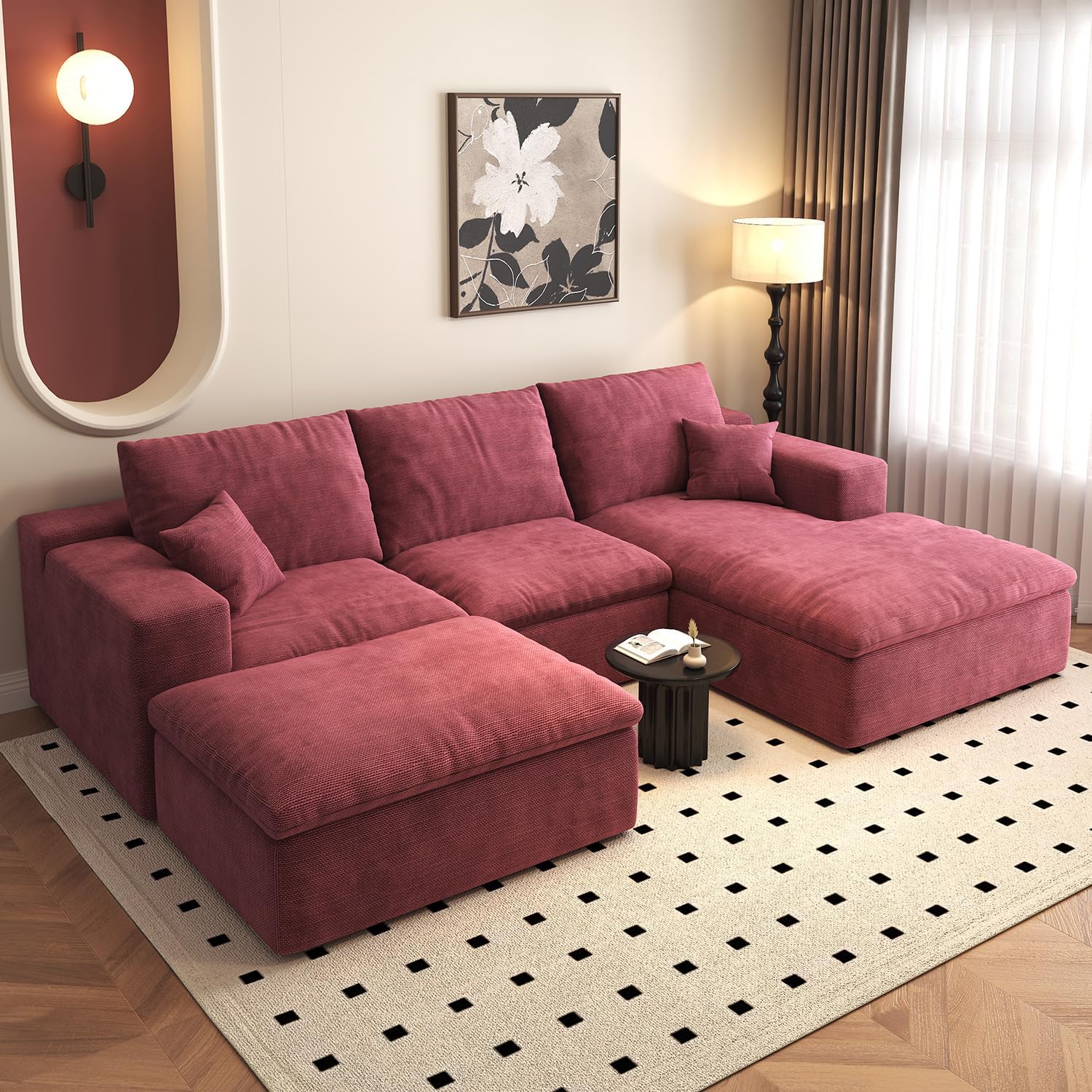 107'' U-Shaped Modern Modular Sectional Cloud Couch Whit Ottoman, 4-Seat Chenille Deep-Seat Sofa with Pillow for Living Room, Bedroom, Apartment, Wine Red