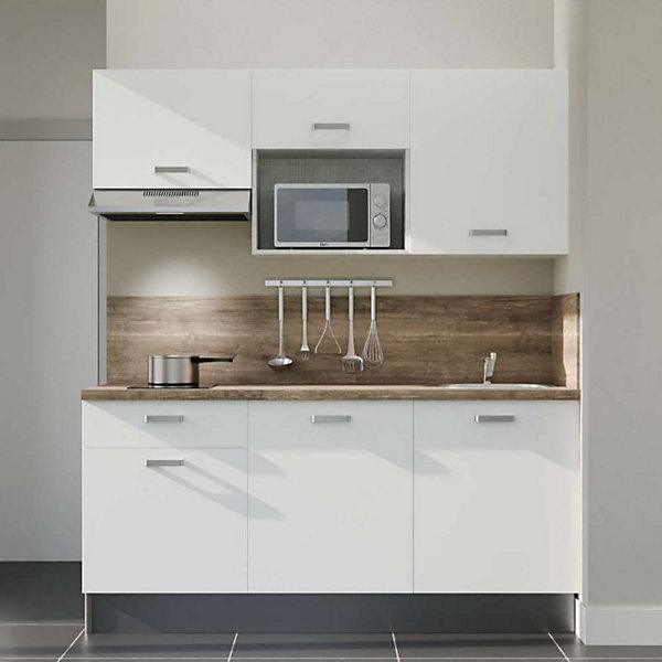 Kitchenette K30 façades Blanc - Plan de travail Bois - Crédences : Oui - Evier inox - Electroménager Inox inclus