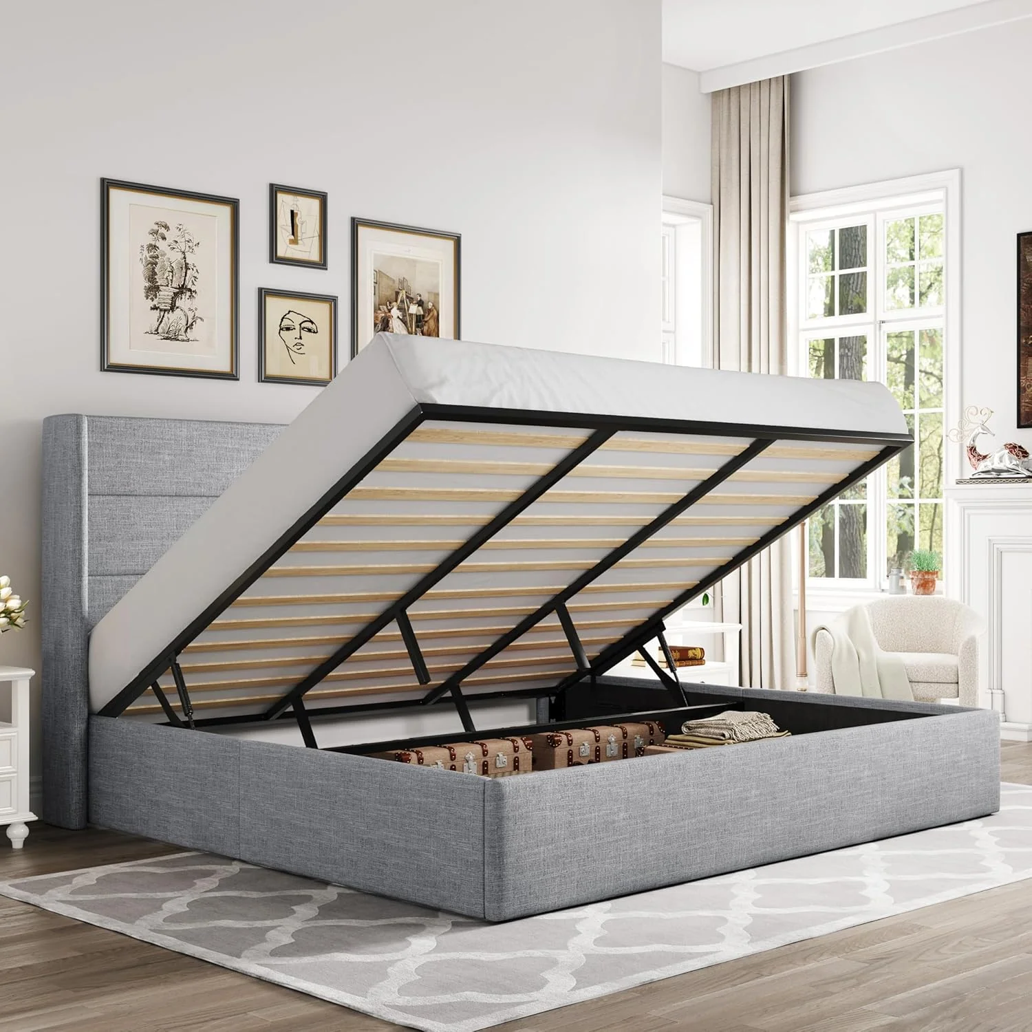 Allewie Queen Size Lift Up Storage Bed, Modern Wingback Headboard, Hydraulic Support, No Box Spring Needed, Light Beige(King/Modern/Light Grey)