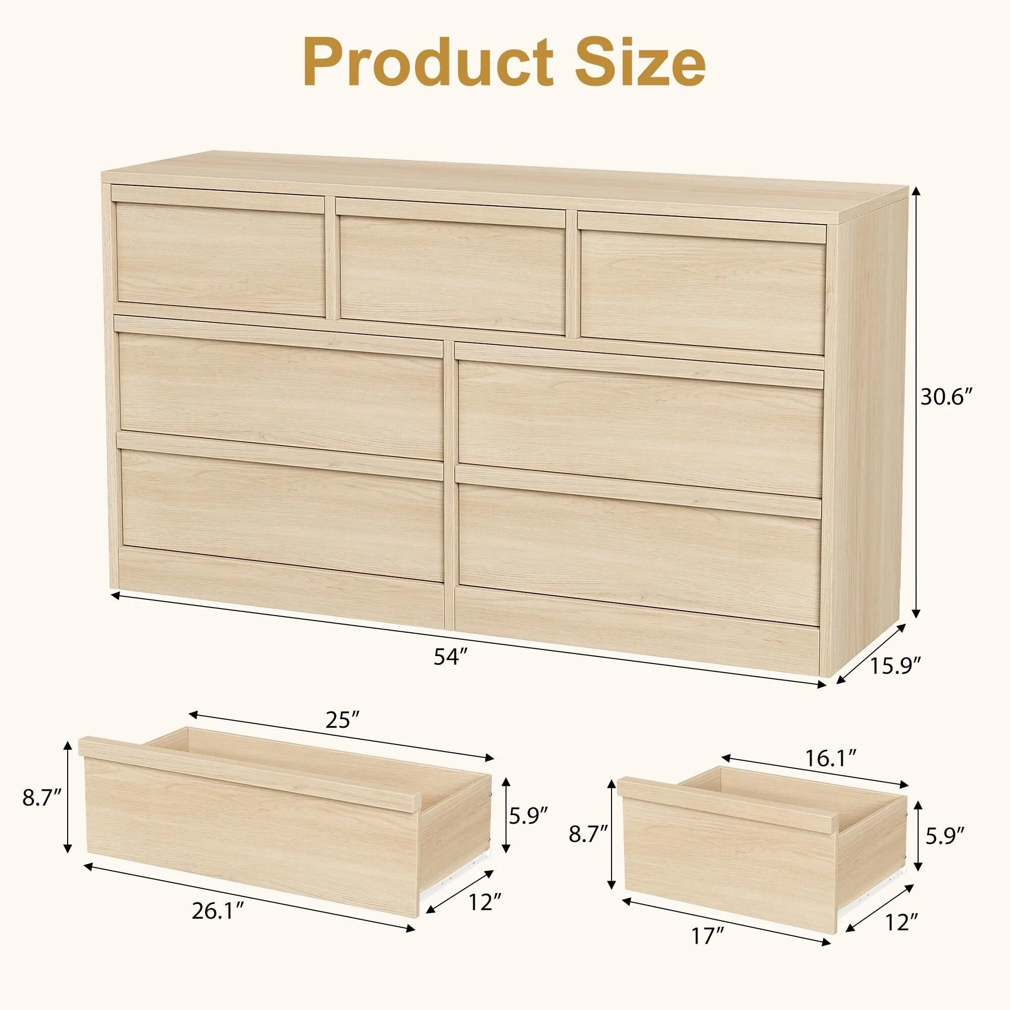 7 Drawer Dresser for Bedroom, Wooden Double Dresser Organizer with Storage