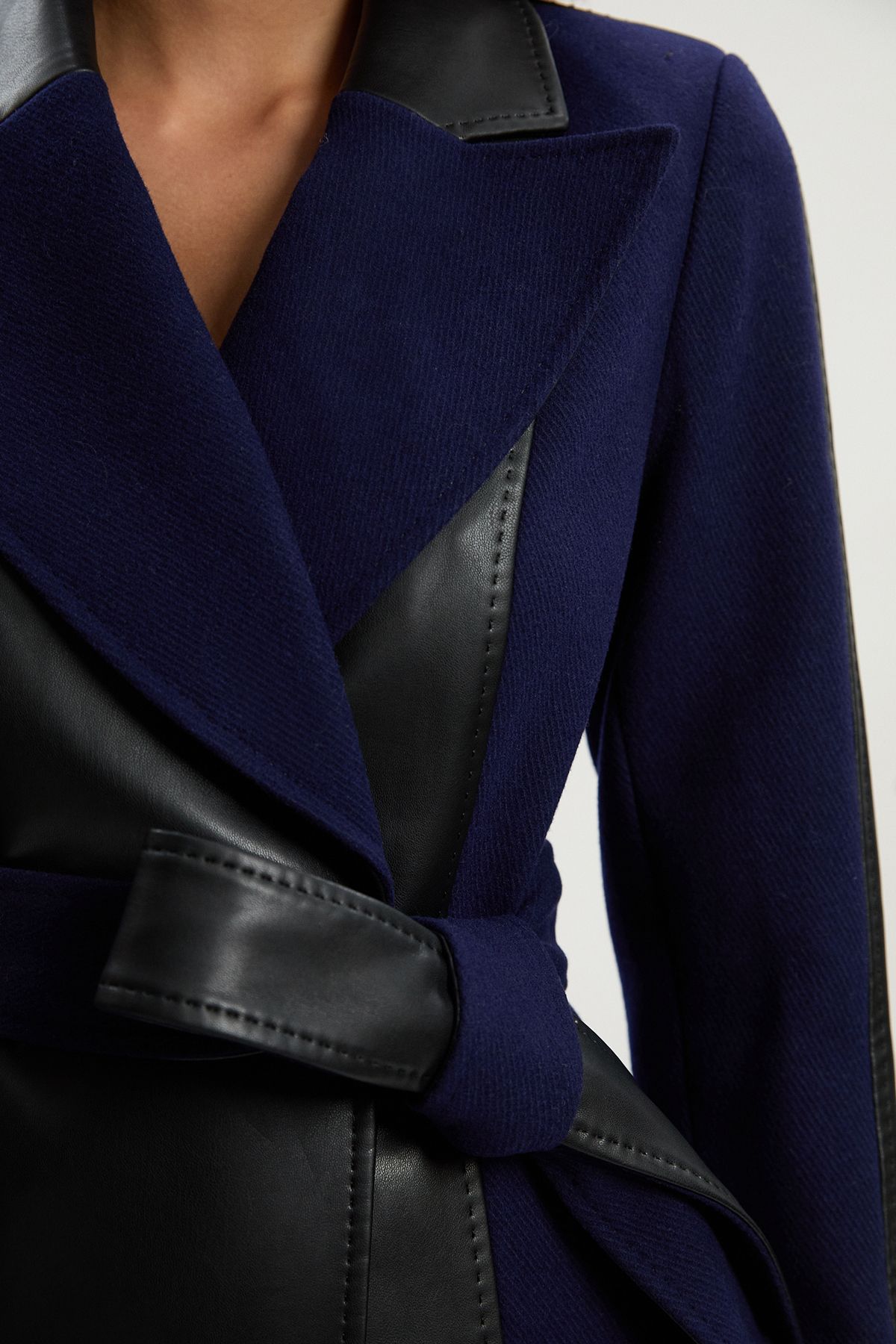 KarenMillen Wool PU Mix Belted Midi Coat