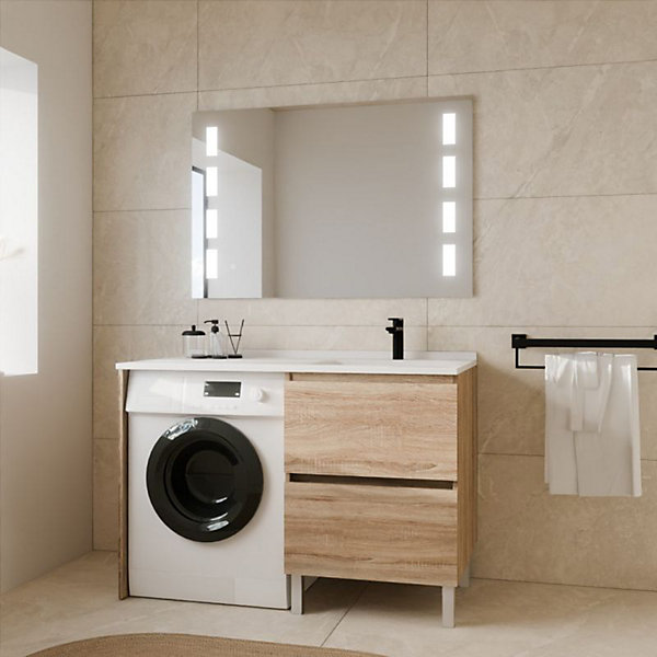 Meuble lave-linge IDEA, plan vasque déportée   Miroir Prestige Plus- Bois- Vasque à droite