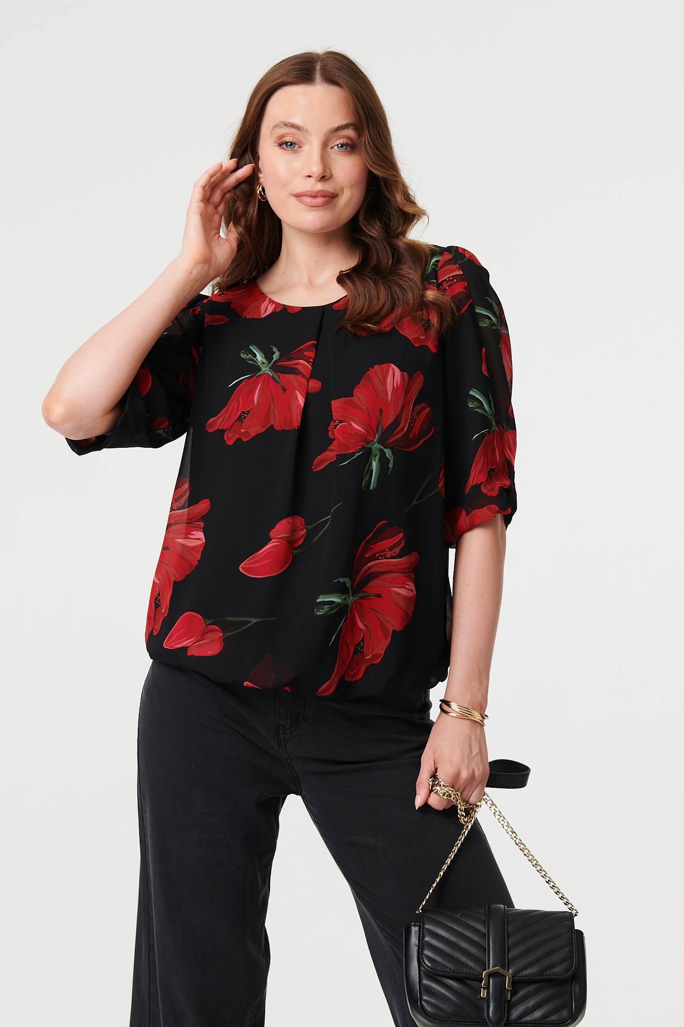 Izabel London Floral Semi Sheer Puff Sleeve Blouse