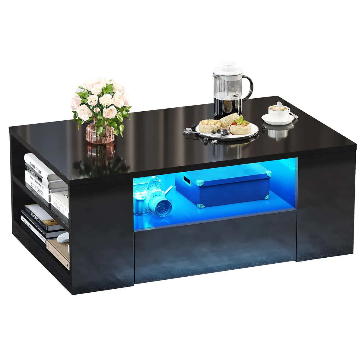 Moasis Modern High Gloss LED Coffee Table with Drawers and Shelves