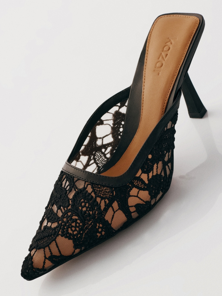 Lace heeled mules