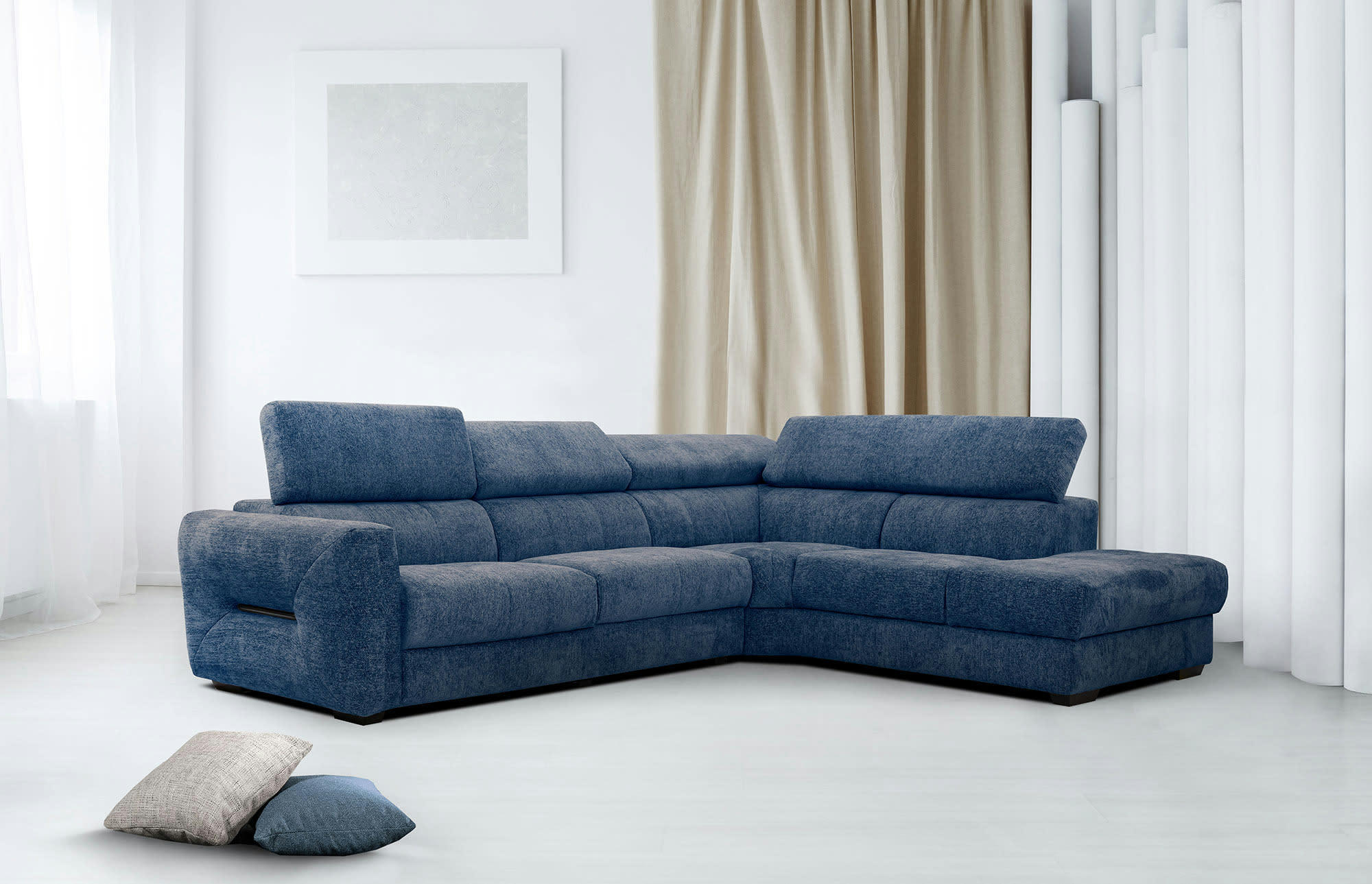 CALVERA - Canapé d'angle droit Calvera 5 places tissu bleu foncé