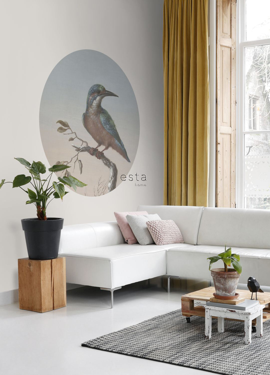 ESTAhome zelfklevende behangcirkel ijsvogel op tak avondrood - Ø 140 cm - 159017