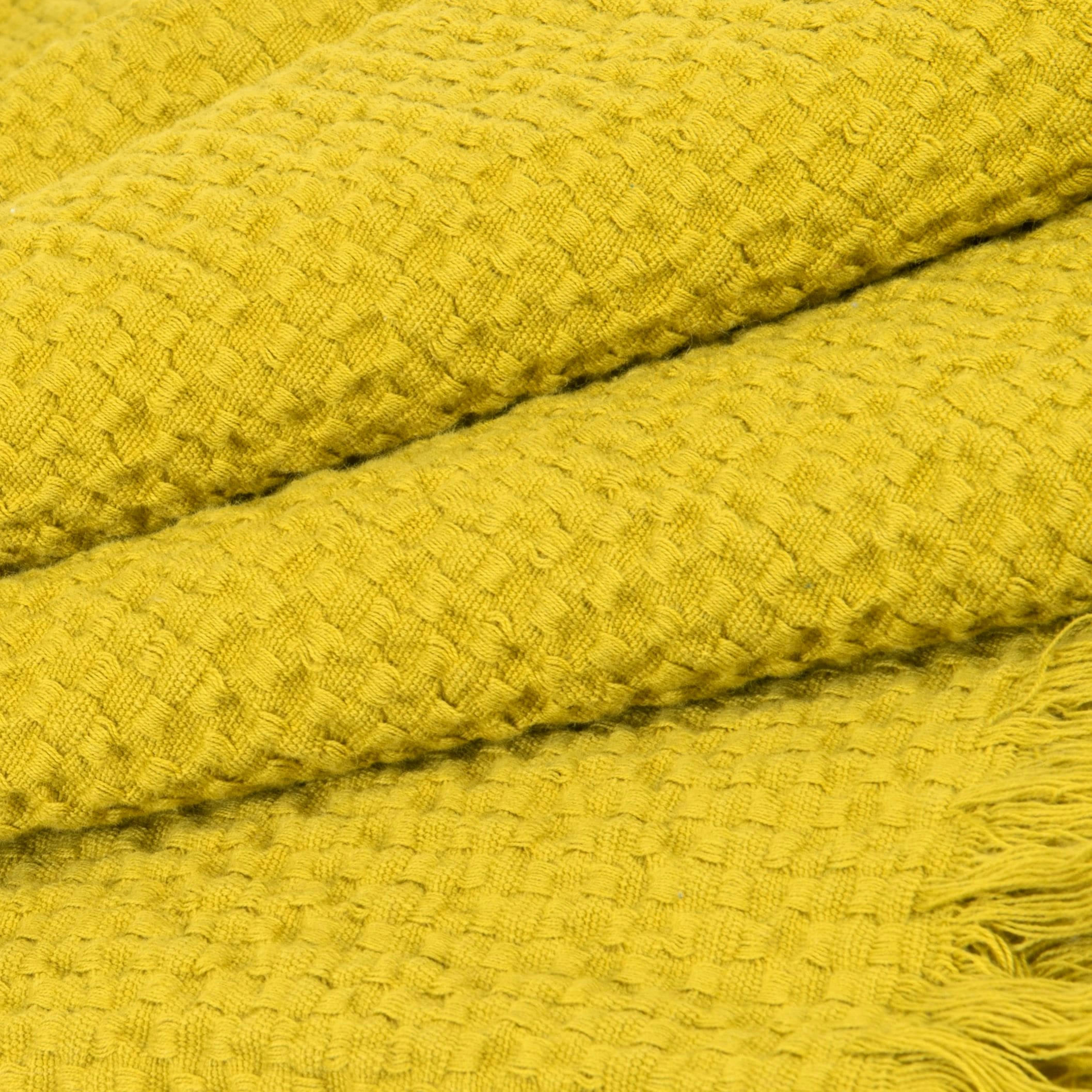 IRAJA - Plaid en coton gaufré vert moutarde à franges 130x170