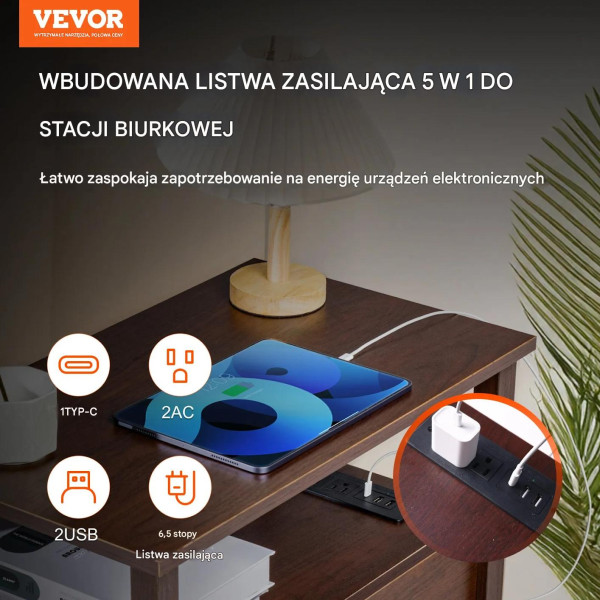Stolik nocny wąski z szufladą USB i gniazdkami do sypialni brązowy