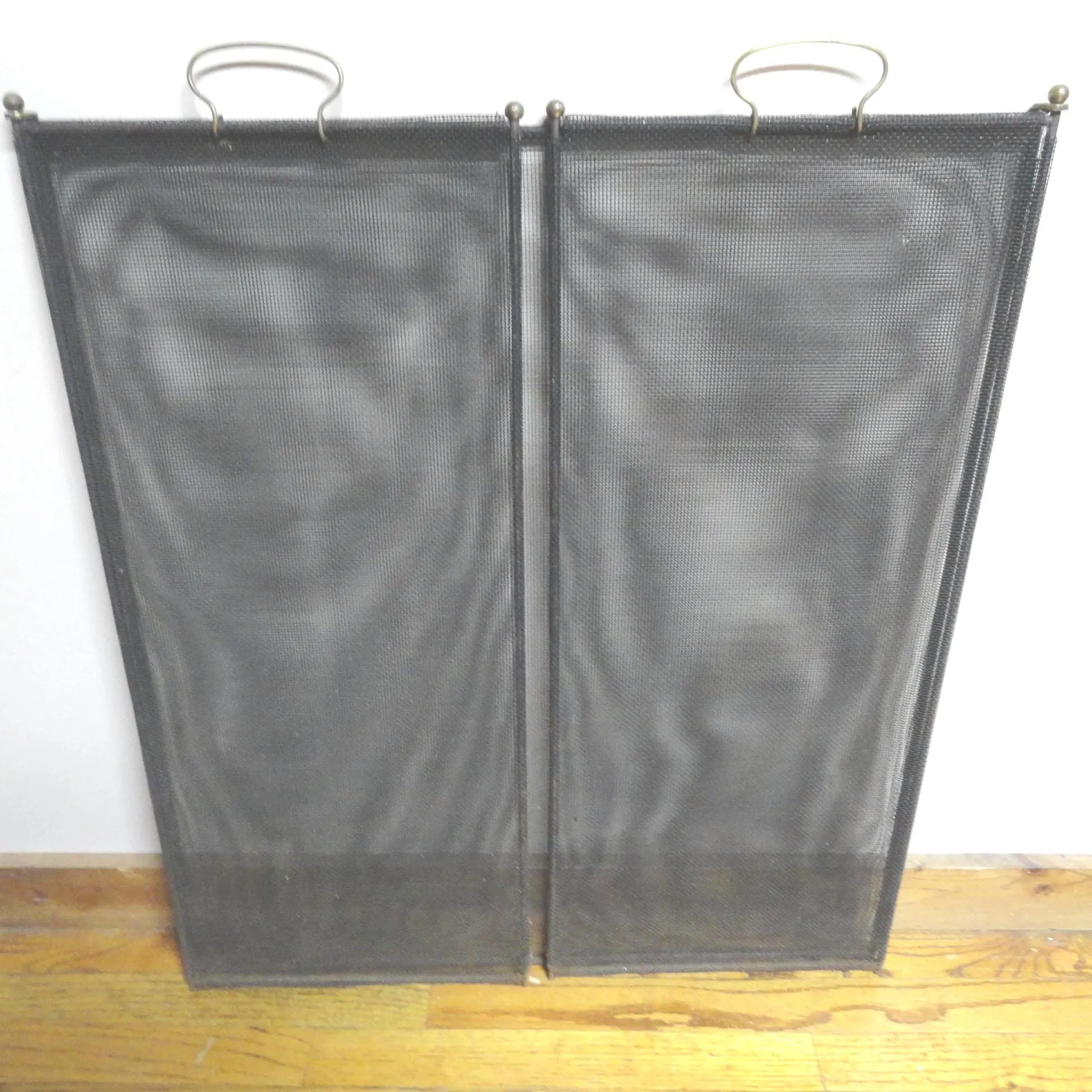 Vintage Metal Wire Fireplace Screen with Brass Handles, Folding, Self Standing, 3 Sections