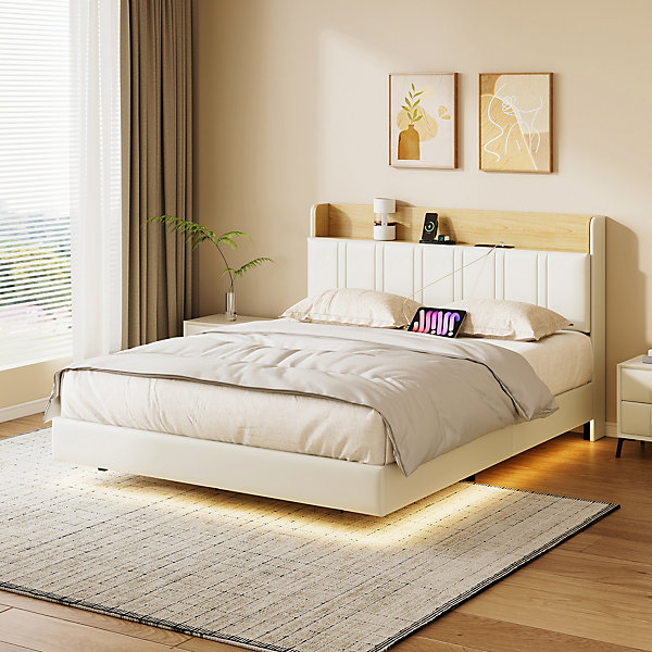 Lit Flottant 140x190 Cm Avec éclairage LED Et Chargement USB, Rangement Caché, Blanc