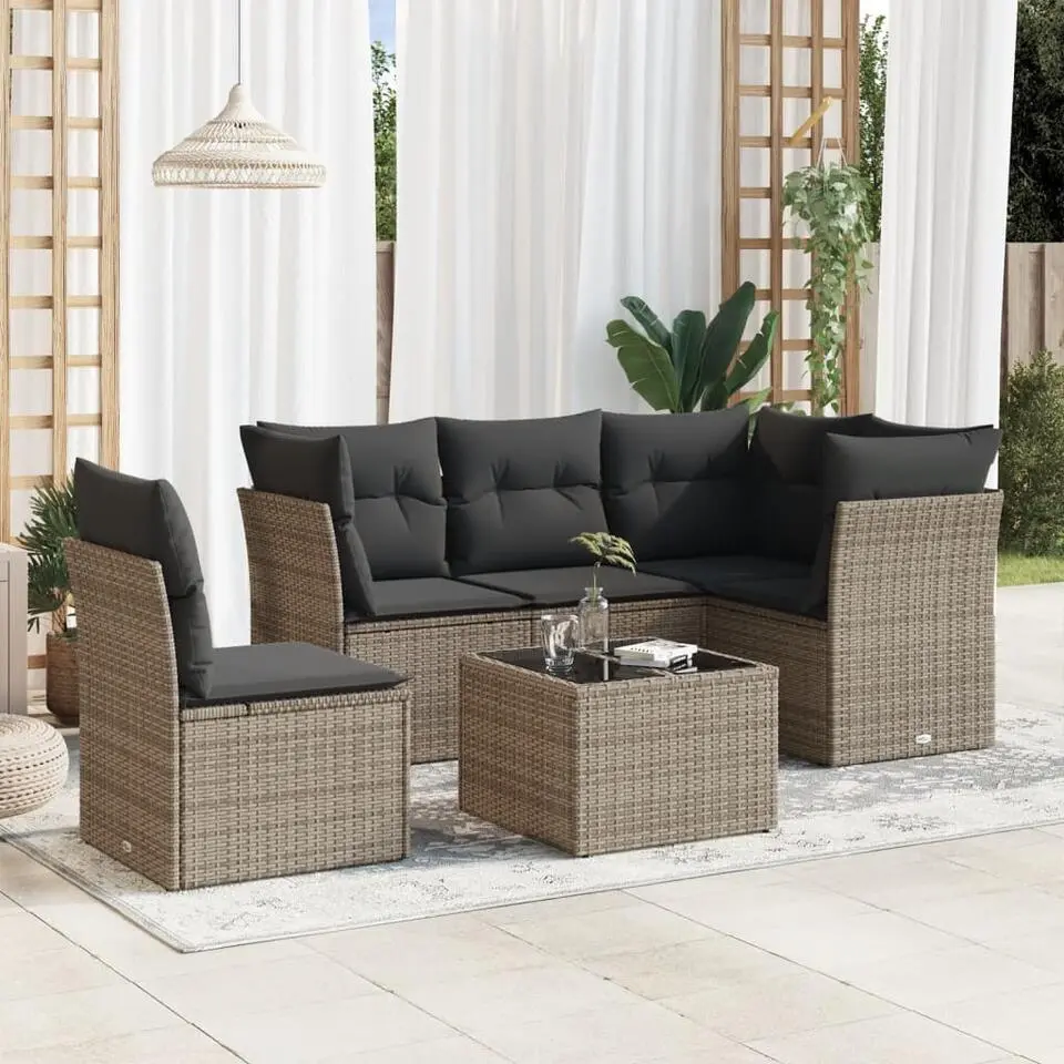 vidaXL 6-delige Loungeset met kussens & tuintafel - Grijs - Poly Rattan