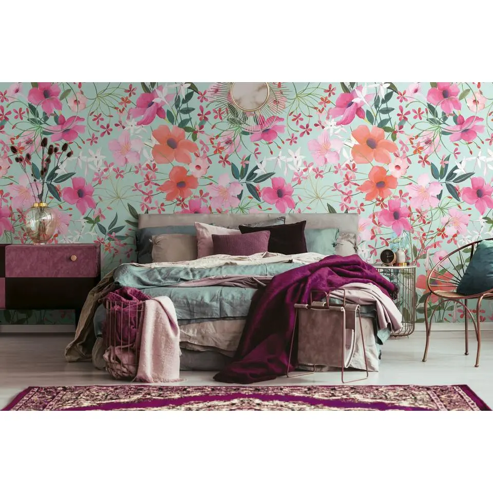 Livingwalls behang bloemen meerkleurig, turquoise, groen, roze en oranje