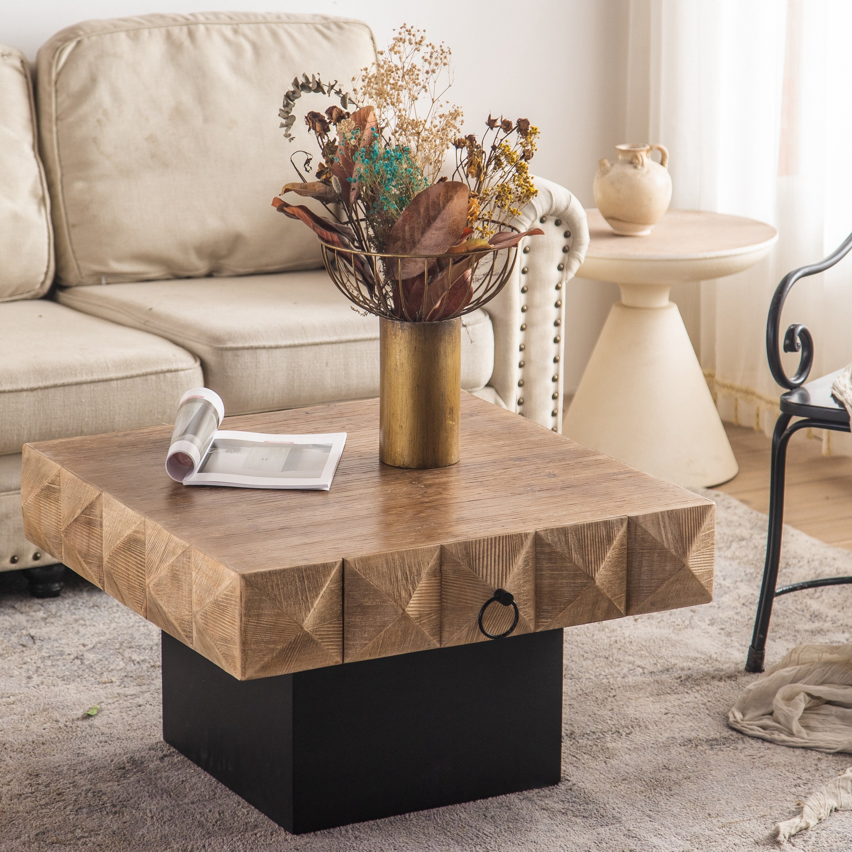 Three-dimensional Embossed Pattern Square Retro Coffee Table with 2 Drawers and MDF Base