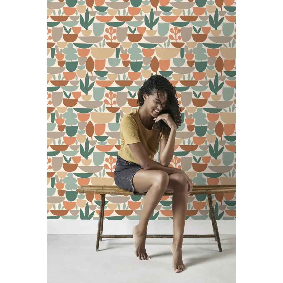 ESTAhome behang aardewerk en planten terracotta en groen - 50 x 900 cm